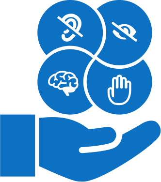 A blue icon showing a hand holding four symbols: an ear with a slash for hearing loss, an eye with a slash for vision impairment, a brain for cognitive impairment, and a hand for motor impairment.