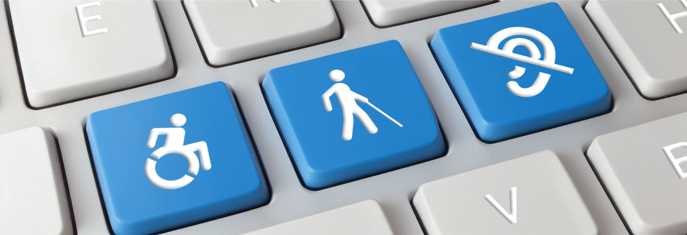 The image shows a portion of a computer keyboard with three blue keys highlighted. The keys feature symbols representing accessibility: a wheelchair, a person with a cane, and a stylized ear with a line through it, indicating a hearing impairment.