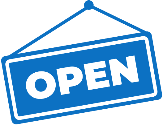 a business sign reading open that is hung at an angle